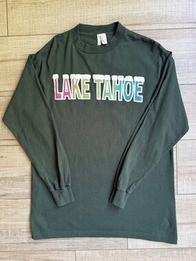 Vintage 90s Lake Tahoe Puff Print Long Sleeve T-Shirt - Forest Green (Size L)